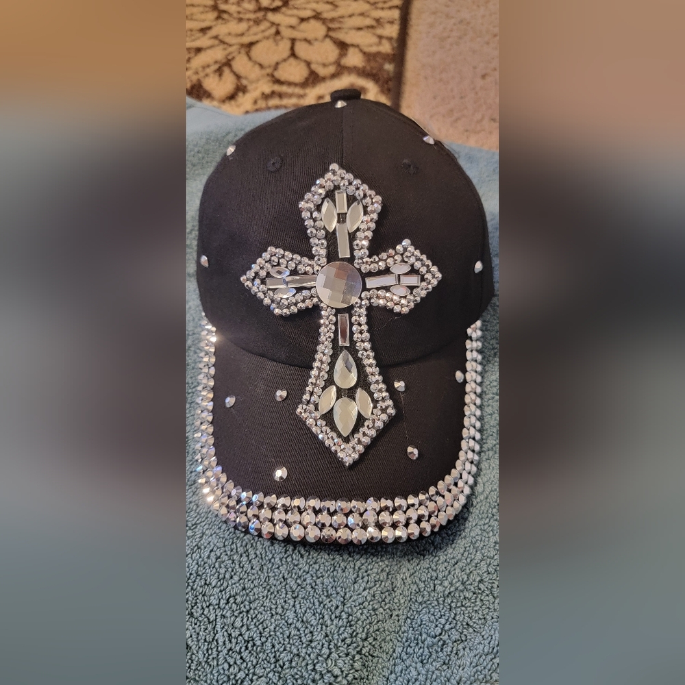 New Adjustable Black Cap with Rhinestone Cross Design